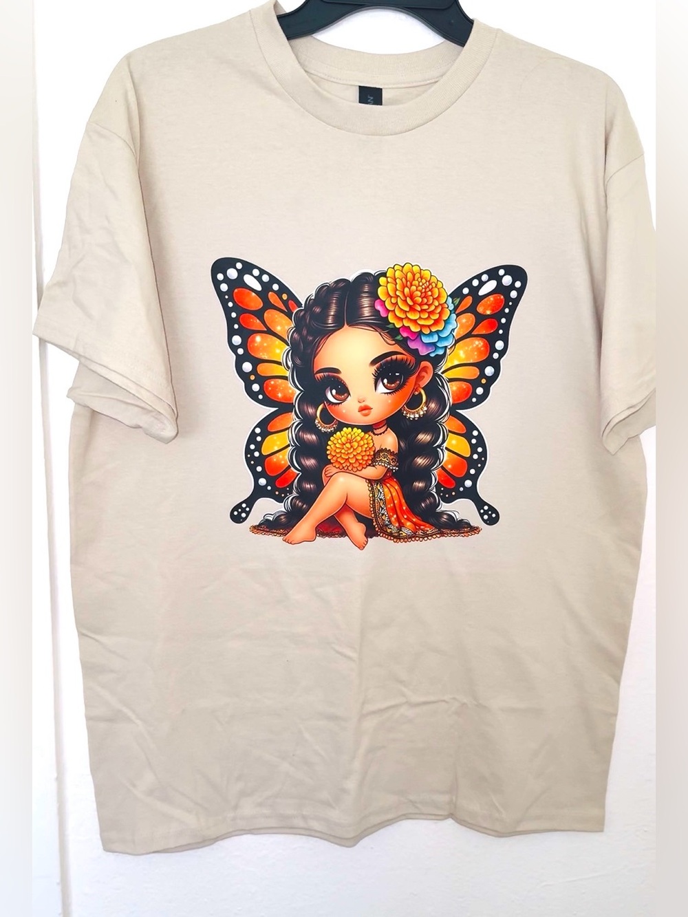 Women's Graphic T-Shirt with Butterfly Fairy Design Size L Round Neck